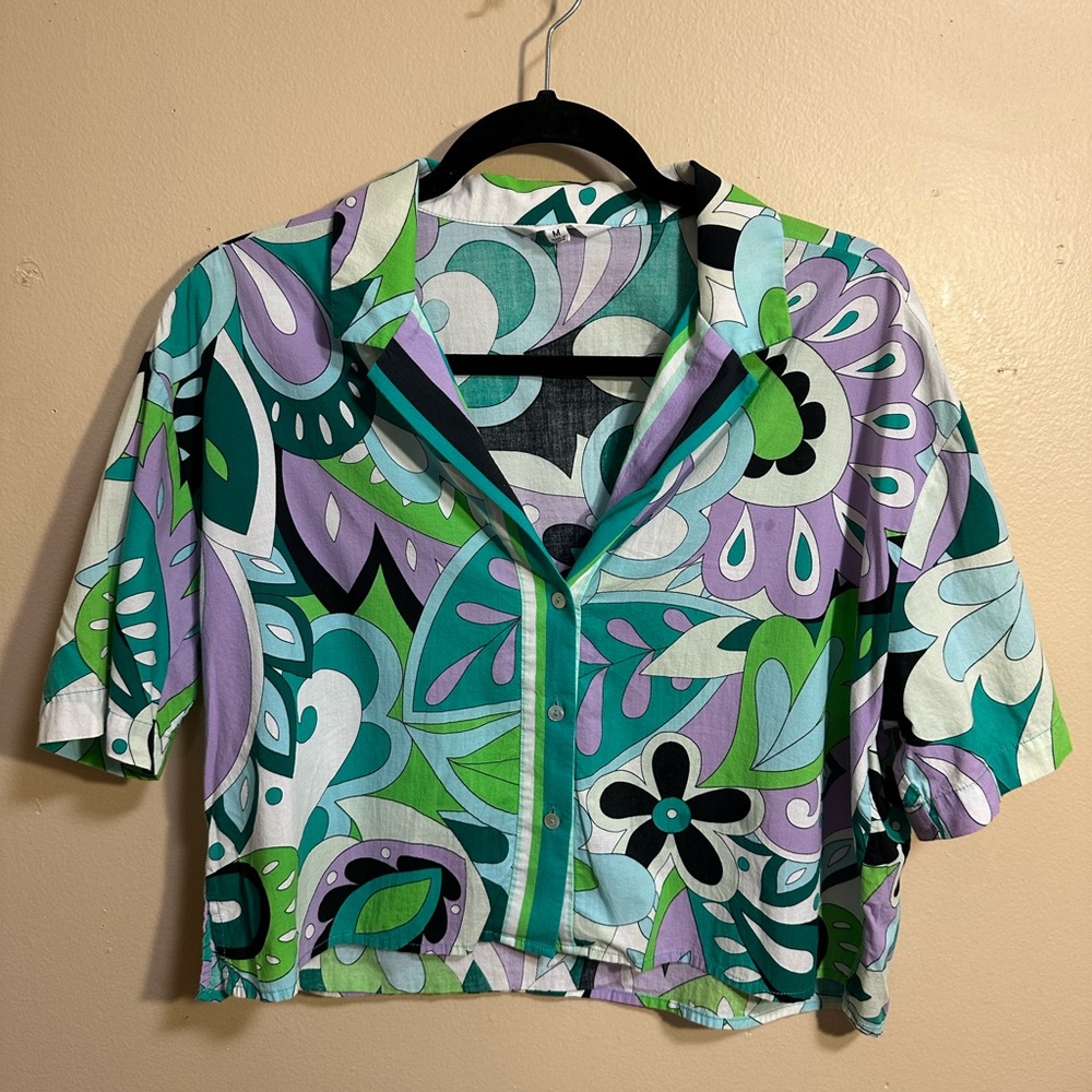 Steve Madden Psychedelic Print Crop Top, Retro Mod Button Front Shirt, Size M